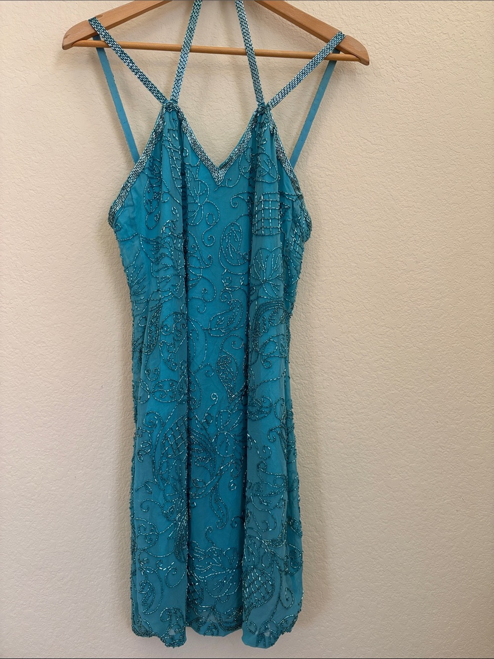 Vintage Oleg Cassini Blacktie Silk Beaded Dress Size 10 Turquoise 80s/90s